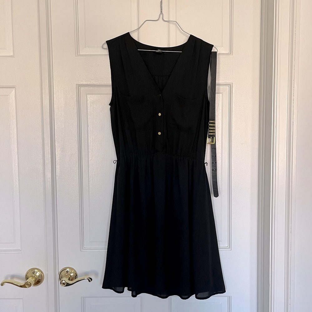 Black Dress with Golden Buttons and Faux Leather Belt